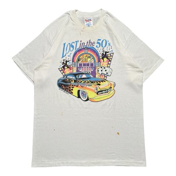 other Other - Vintage 90s Lost in the 50s Hot Rod Classic Car Graphic T Shirt Flame Dice L